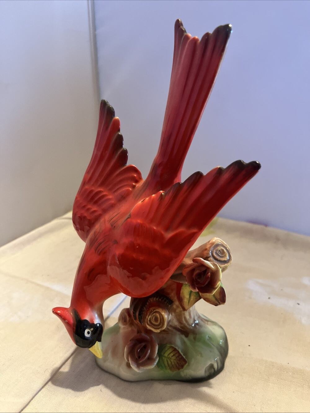 Vintage Ceramic Red Cardinal Bird Figurine On Branch 8” Japan Mid Century